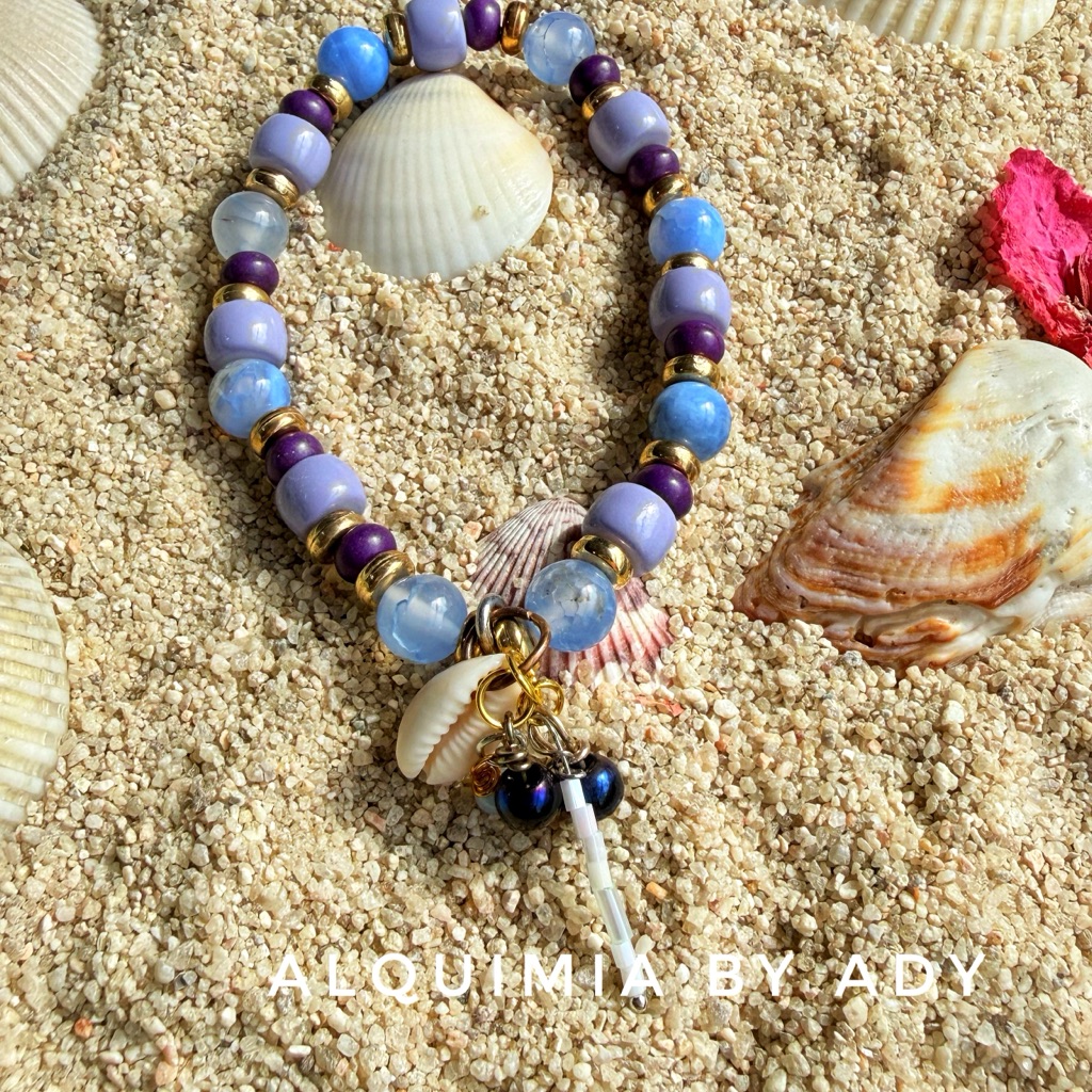 Aquamarine Vibrant Beaded Bracelet With Shell Aura Quartz Charms